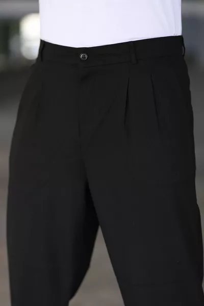 Pantalon Baggy Noir à Taille Élastique, Double Plis, Coupe Confortable et Large, Classique, de Qualité