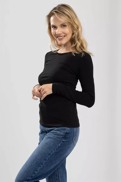 Дамски памучен боди с дълъг ръкав и кръгло деколте, черен