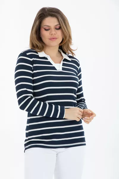 Plus Size Cotton Stretch V-Neck Basic Navy Long Sleeve Blouse