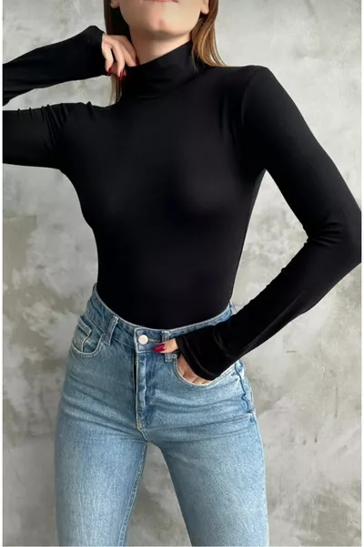 T-shirt à manches longues pour femme, col roulé mi-haut, en jersey extensible