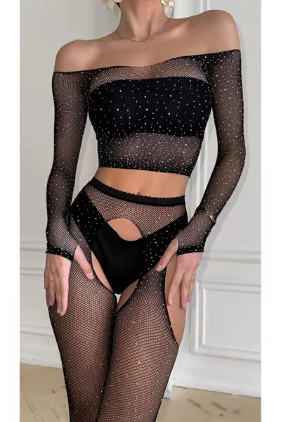 Shiny Diamond-Stoned Sparkly Mesh Crop Blouse Set Top Blouse Crop