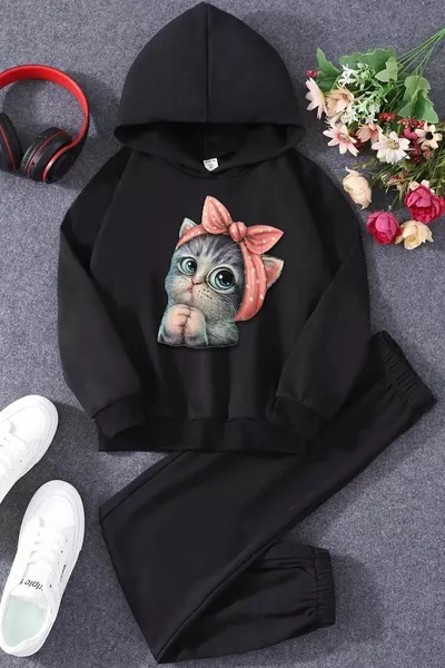Kids Cute Cat Tracksuit Black Sweatshirt Black Sweatpants