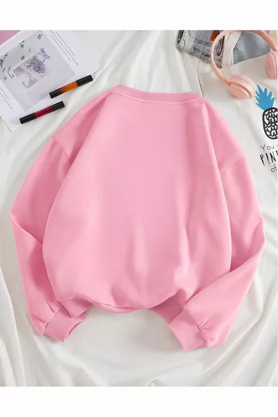 Kalp Baskılı Pembe Bisiklet Yaka Oversize Sweatshirt