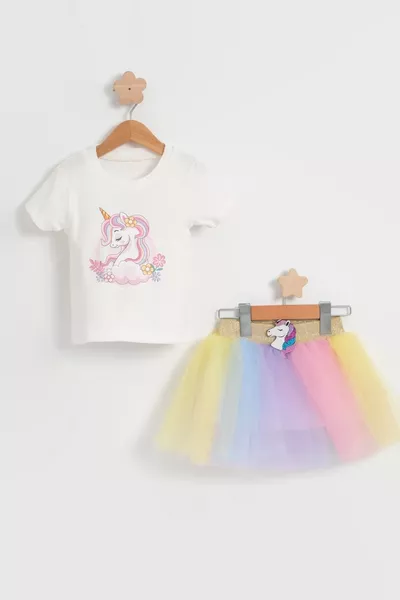 طقم فتاة طفلة يونيكورن بالتول المزدوج - يونيكورن بمشبك