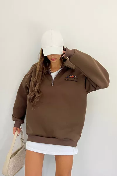 Unisex Kahverengi Polo Yaka Oversize 3 İplik Şardonlu Nakışlı Sweatshirt