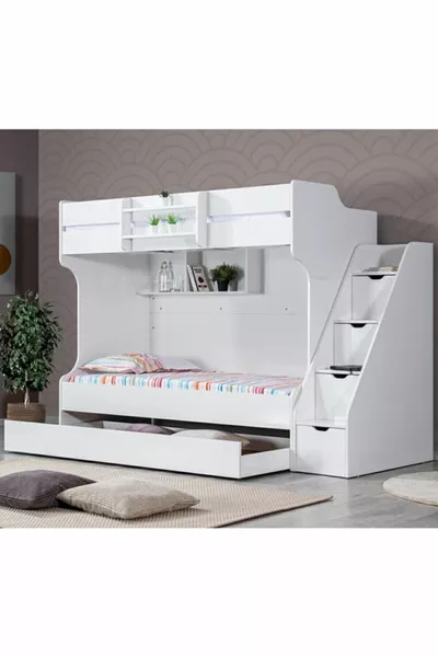 Lits superposés, Lit superposé avec tiroirs Kardem - Blanc + 2 matelas Comfort