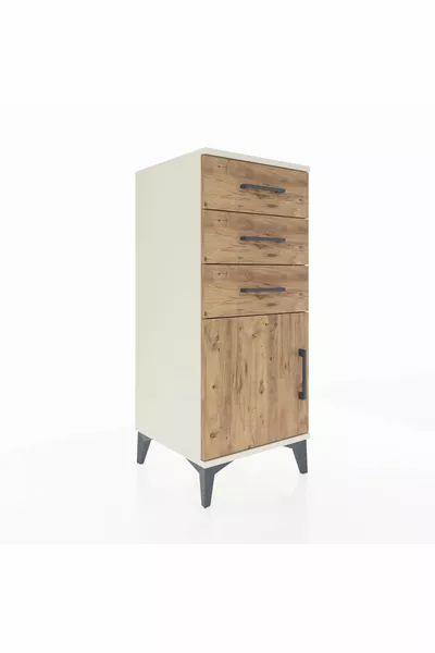 Comodino Hyperion con Un Ripiano, 3 Cassetti e Una Porta, Pietra di Luna-Pino