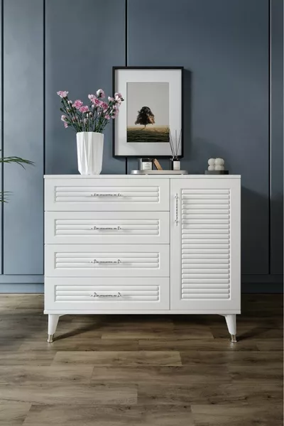 خزانة حديثة بتصميم عصري، مزودة بمنافذ وأربعة أدراج وغطاء واحد، مصنوعة من MDF باللون الأبيض والفضي