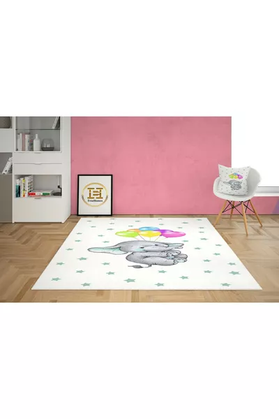 Flying Elephant with Balloons Kids' Room Set (Curtains, Bedspread and Pillow, Rug)