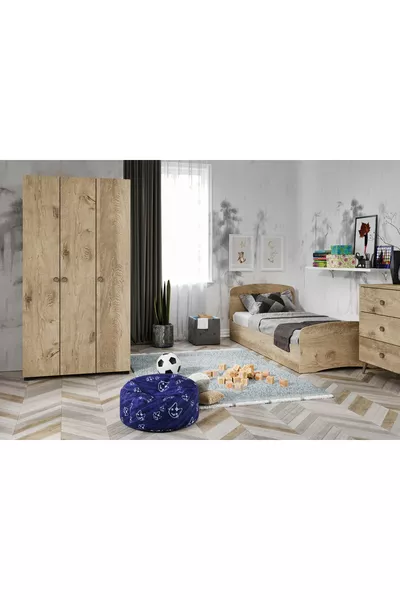 Soft Kid's Room Set Oak - Bed, 3-Door Wardrobe, 3-Drawer Dresser All Made of MDF