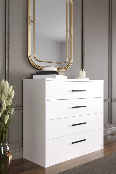 Mira 4-Drawer Dresser, White, Black Handles, cm