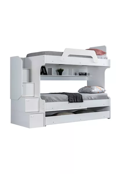 Bunk Bed, İnci Bunk Bed with Small Bunks, 3-Unit White Bunk Bed with Small Bunks - 3 Comfort Mattresses