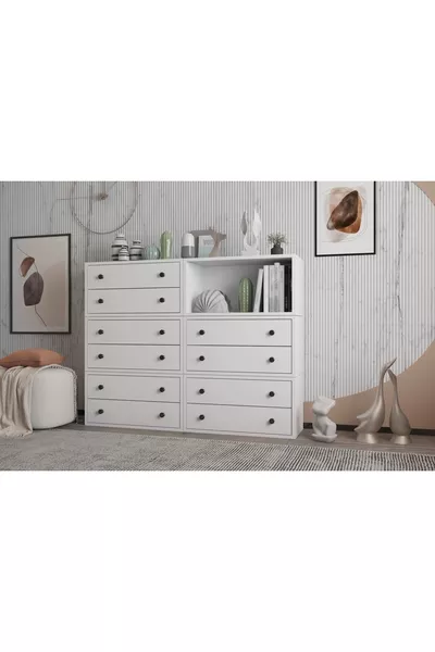 On Çekmeceli Raflı Beyaz Şifonyer Çıtasız -ç