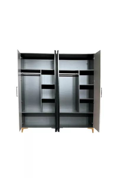 خزانة ماغنسيوم عالية الجودة بأربعة أبواب من إيجه | طلاء ريهاو | أرجل من خشب الزان | بتفاصيل زجاجية