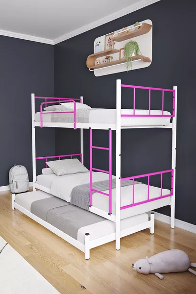 Tekno Yavrulu Ranza  Yatak Uyumlu 3 Kişilik Koyu Pembe Metal Ranza Karyola