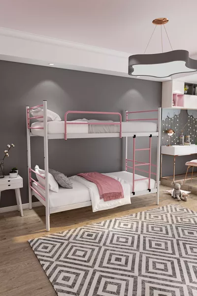 سرير بطابقين تريند متوافق مع المرتبة وردي فاتح معدن قابل للفصل