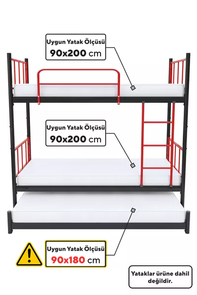 Tekno Bunk Bed with Loft Bed, Compatible with Mattress, 3-Person Red Metal Bunk Bed
