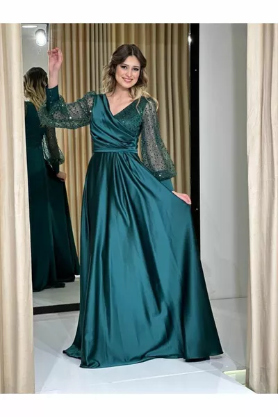 الزمرد الأخضر الترتر كم طويل الساتان الموسم الجديد مساء اللباس  