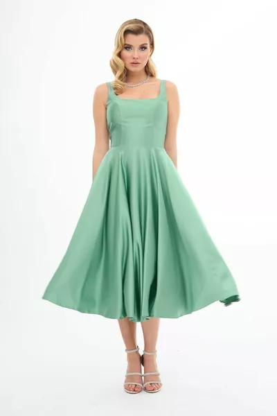 Çağla فستان سهرة ستان متوسط الطول بقصة منخفضة