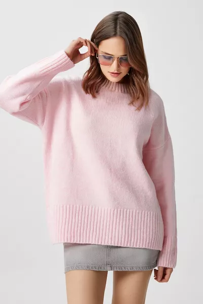 Дамски пуловер Homy с мека кръгла яка, в нежно розово, свободен размер