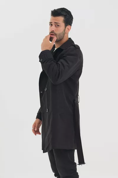 Men's Black Belt Detailed Trench Coat
