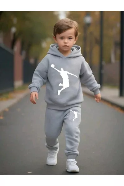 Children's Gray Hooded Long Sleeve Top and Bottom Set