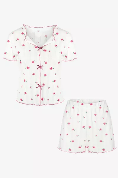 Women's Floral Print Bow Ribbed Short Sleeve Shorts Set