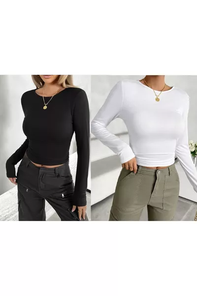 بلوزة نسائية ٢ قطع بأكمام طويلة و رقبة دائرية، مصنوعة ٪ قطن