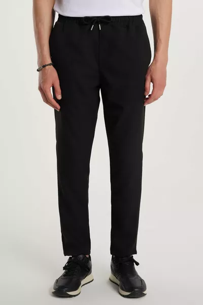Erkek Regular Fit Beli Lastikli Bağcıklı Jogger Siyah Pantolon Rahat Kesim Yan Cepli