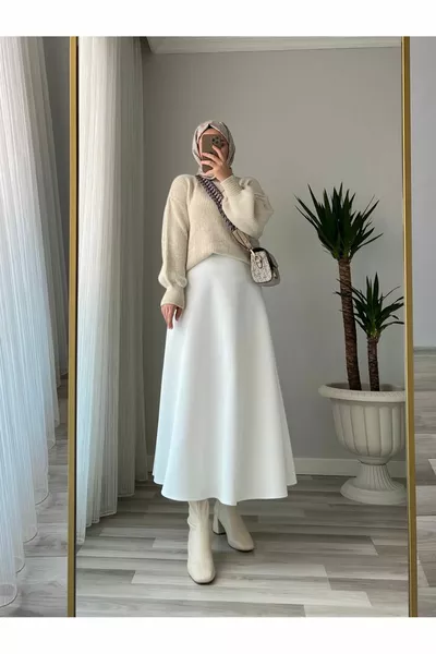 Women's Puff Scuba Modest White Flared Skirt
