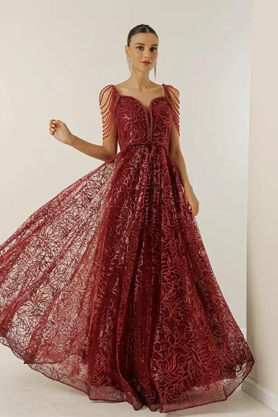 Gevoerde Glitter Flock bedrukte lange jurk met kraal detail