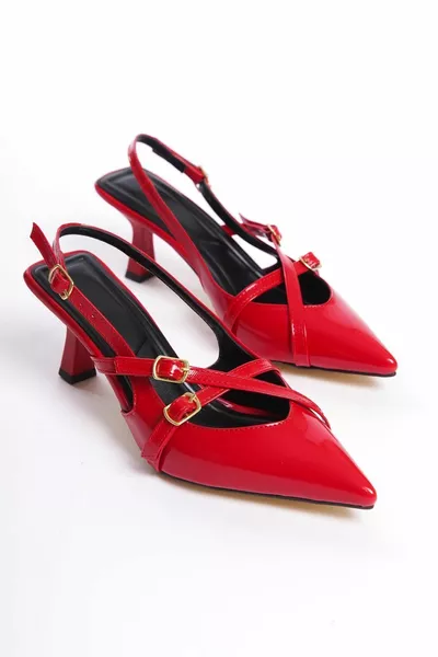 Red Patent Leather Pointed Toe Buckle 5 cm Heels