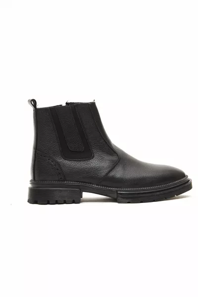 Genuine Leather -S Black Men’s Classic Boots with Fur Lining, Zipper, and Elastic Detail