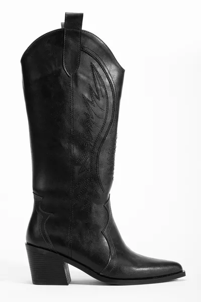 حذاء غرب كاوبوي كاوبوينة مطرّز من الجلد الأسود المطفي