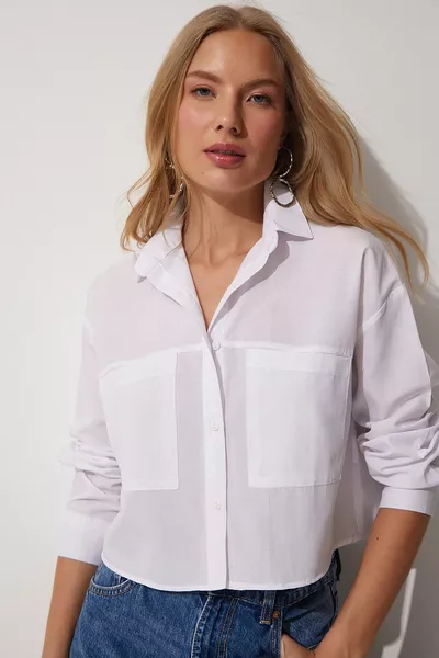 Дамска бяла джобна оверсайз риза от поплин 