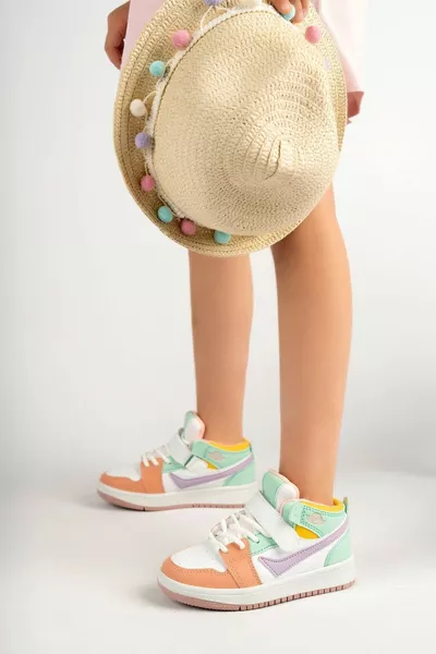 حذاء رياضي أطفال للبنات طويل الكاحل أبيض وأخضر