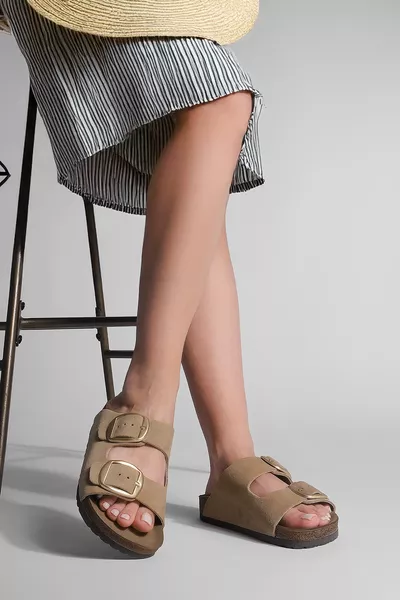 حذاء نسائي يومي من الجلد الطبيعي، صندل ذو حزامين، نعل EVA، لون الجملي