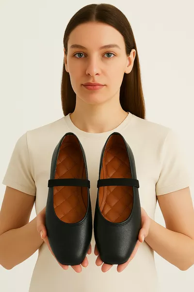 Women's Black Ballet Flats for Home, Daily and Office Use, Non-Slip, Lightweight, Comfortable, Orthopedic Sole, Mother Shoes