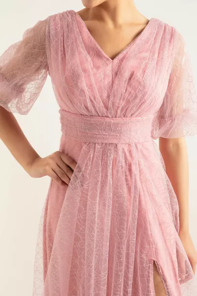 Women's Pink Balloon Sleeve Glitter Long Evening Dress