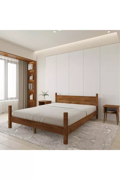 طقم سرير من خشب الصنوبر بلون الجوز موديل ميراج وطاولتي جانبية