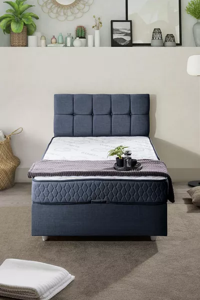 Berlin Eenpersoonsbed met Onderstel en Hoofdbord Comfort Matras Set, Donkerblauw