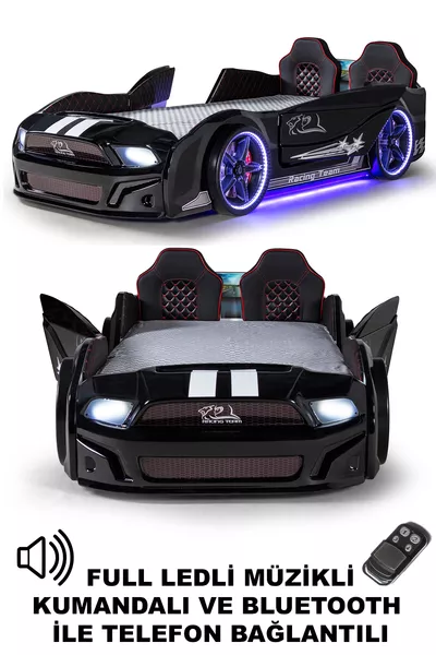 Portes de lit à roulettes noires Mustang avec ouverture, entièrement équipées de LED, télécommandées et avec musique