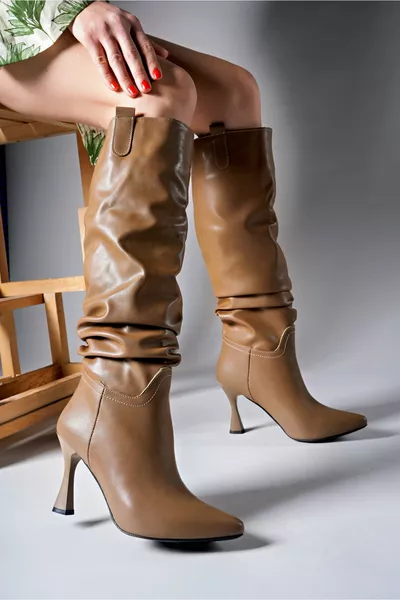 Bhelzilo Kadın Topuklu Çizme  Vizon Cilt