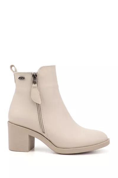 حذاء نسائي / للبنات بلون البيج بكعب سميك وسحاب مزدوج