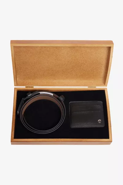 Men's Black Special Wooden Gift Box Belt - Card Holder Accessory Set Groom's Dowry