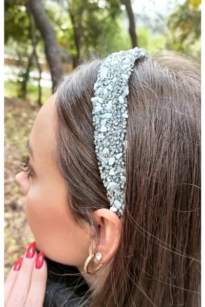 Natural Crystal Stone White Gray Women's Tiara Headband for Bride, Engagement, Postpartum, Henna