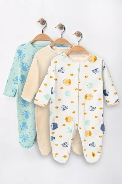 Girl Boy Baby Printed Cotton Snap Button Footed 3-Piece Newborn Outfit Romper Set 3-6-9 Months