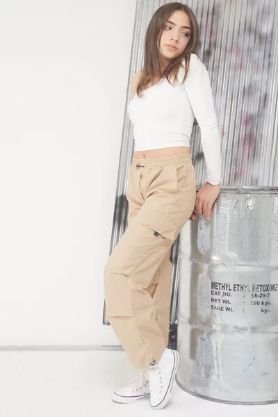 Cream Cargo Girls' Parachute Pants with Elastic Cuffs 