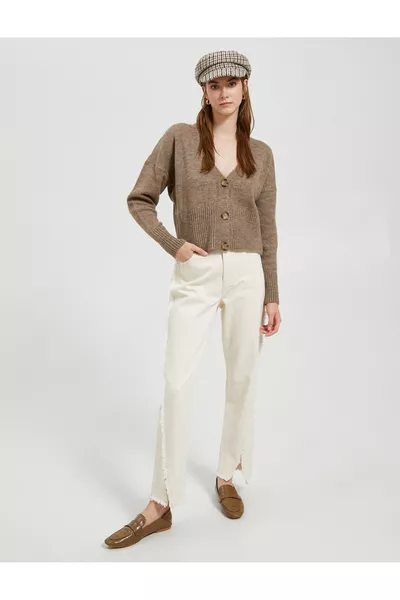Cropped Cardigan with Buttoned V-Neck