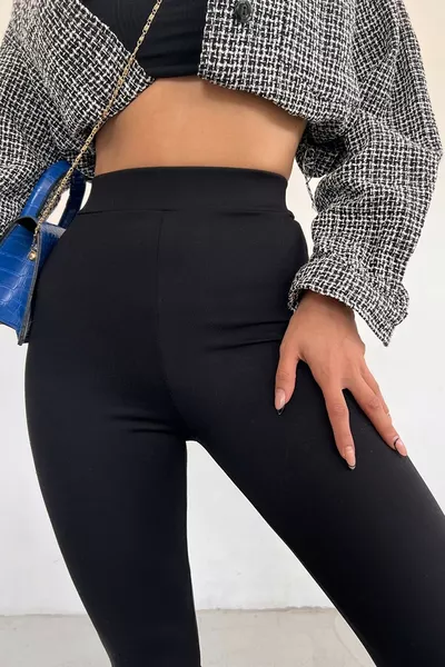 بنطال ضيق نسائي أسود بنمط السبينوّل من قماش الغوص عالي الخصر مع ليكرا يدعم الجسم